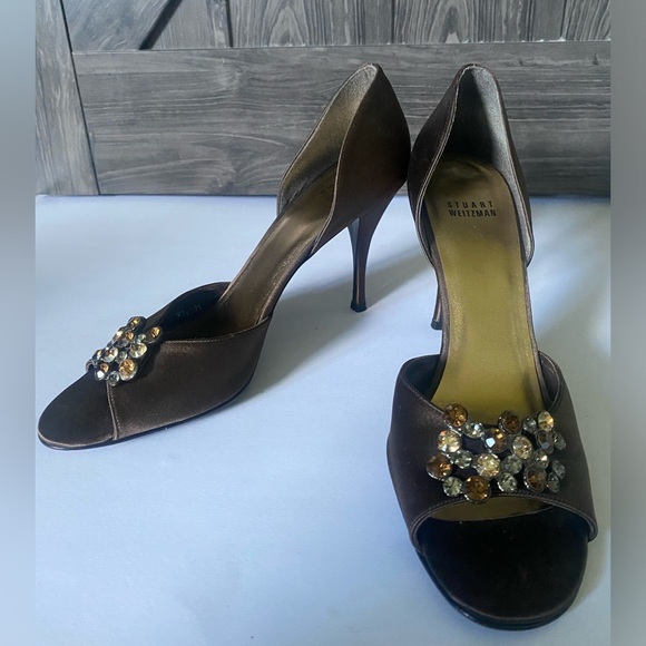 Stuart Weitzman brown satin "Blarneystone" d'orsay heels with stones EUC, sz 9.5 - Picture 3 of 7